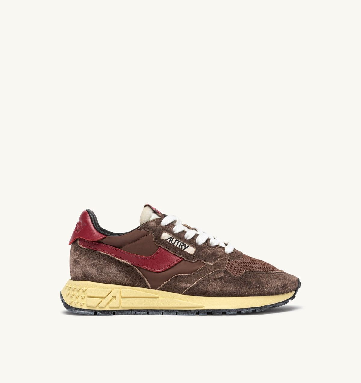 AUTRY REELWIND LOW SNEAKERS IN COFFEE SUGAR AND DEEP CLARET NYLON AND SUEDE