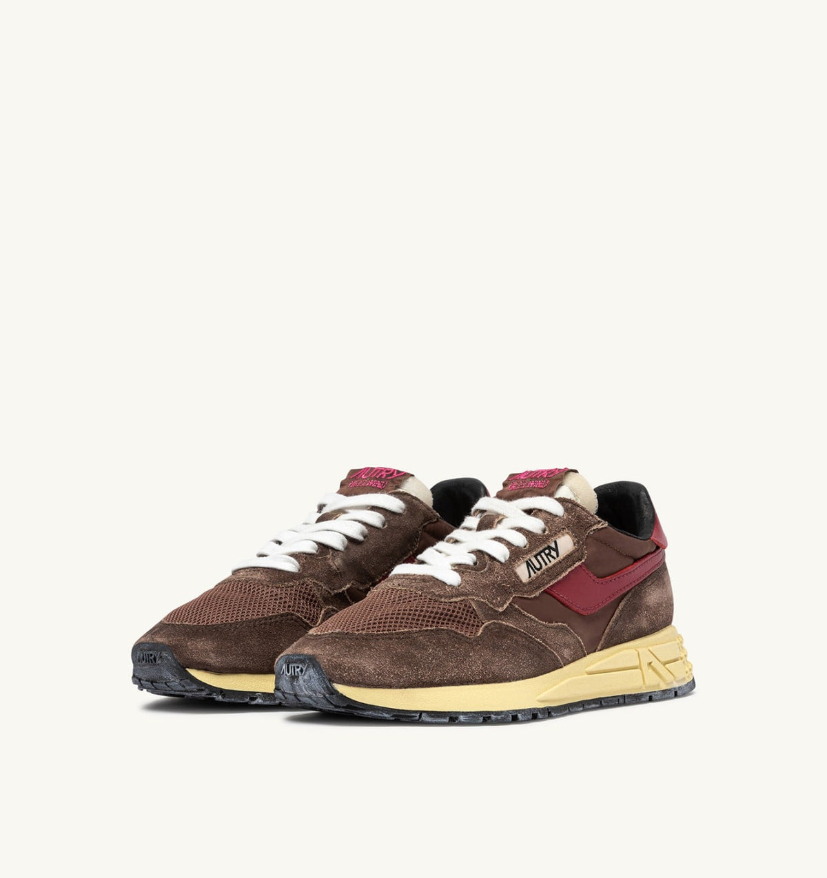 AUTRY REELWIND LOW SNEAKERS IN COFFEE SUGAR AND DEEP CLARET NYLON AND SUEDE