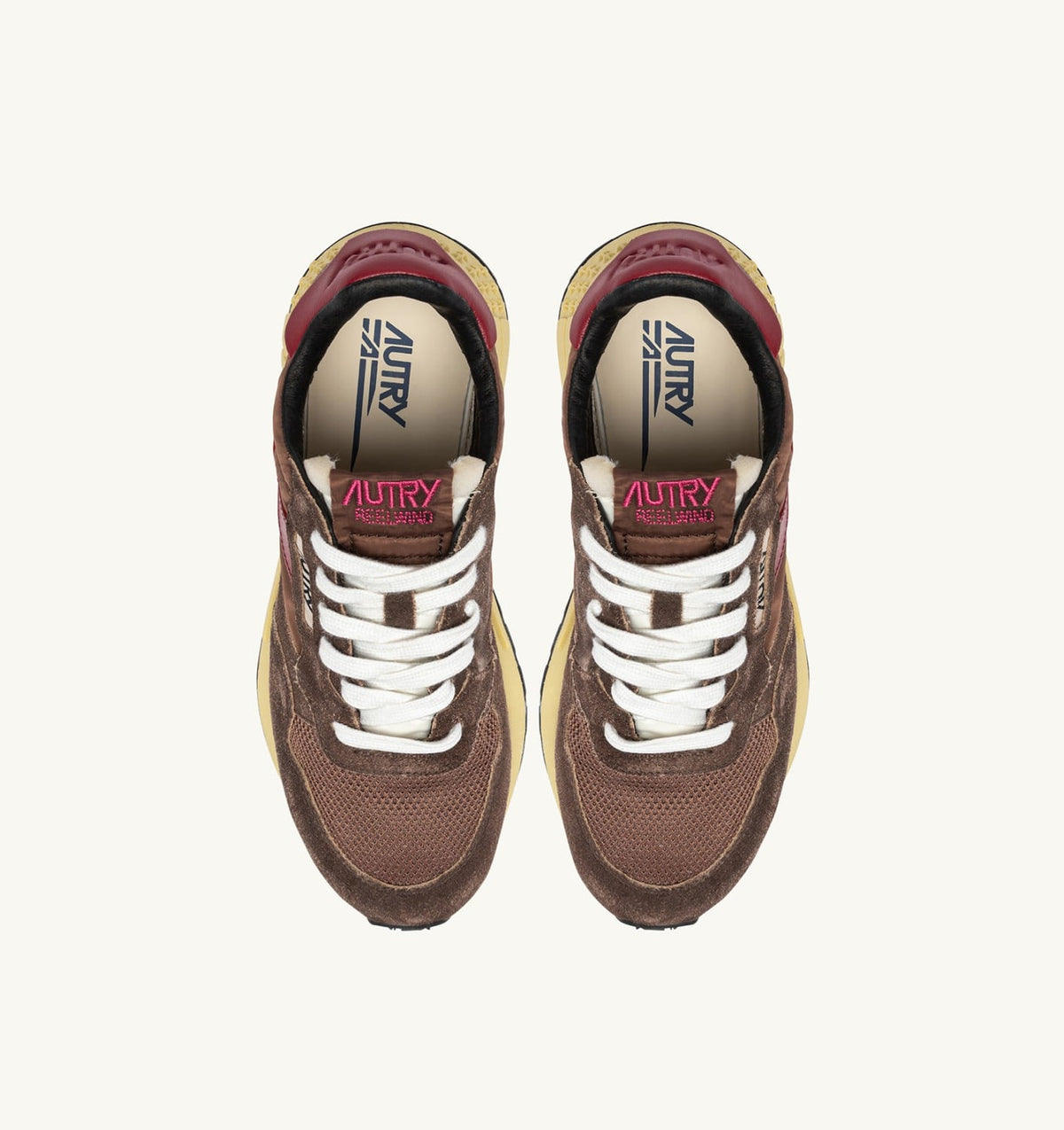 AUTRY REELWIND LOW SNEAKERS IN COFFEE SUGAR AND DEEP CLARET NYLON AND SUEDE