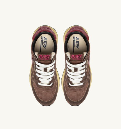AUTRY REELWIND LOW SNEAKERS IN COFFEE SUGAR AND DEEP CLARET NYLON AND SUEDE