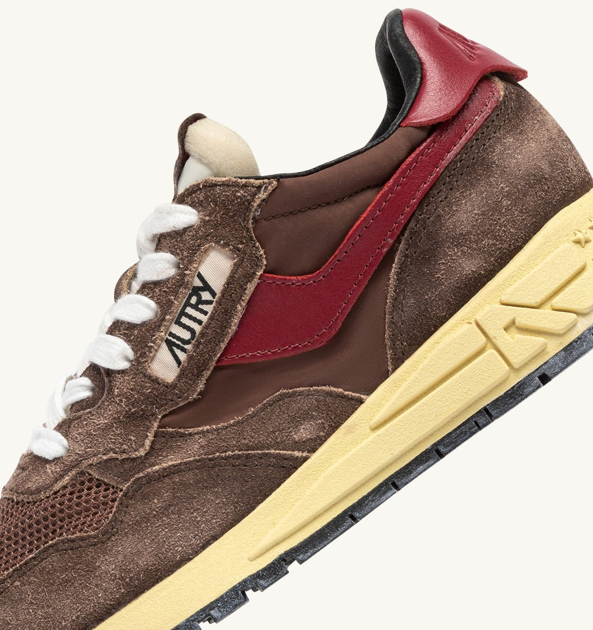 AUTRY REELWIND LOW SNEAKERS IN COFFEE SUGAR AND DEEP CLARET NYLON AND SUEDE