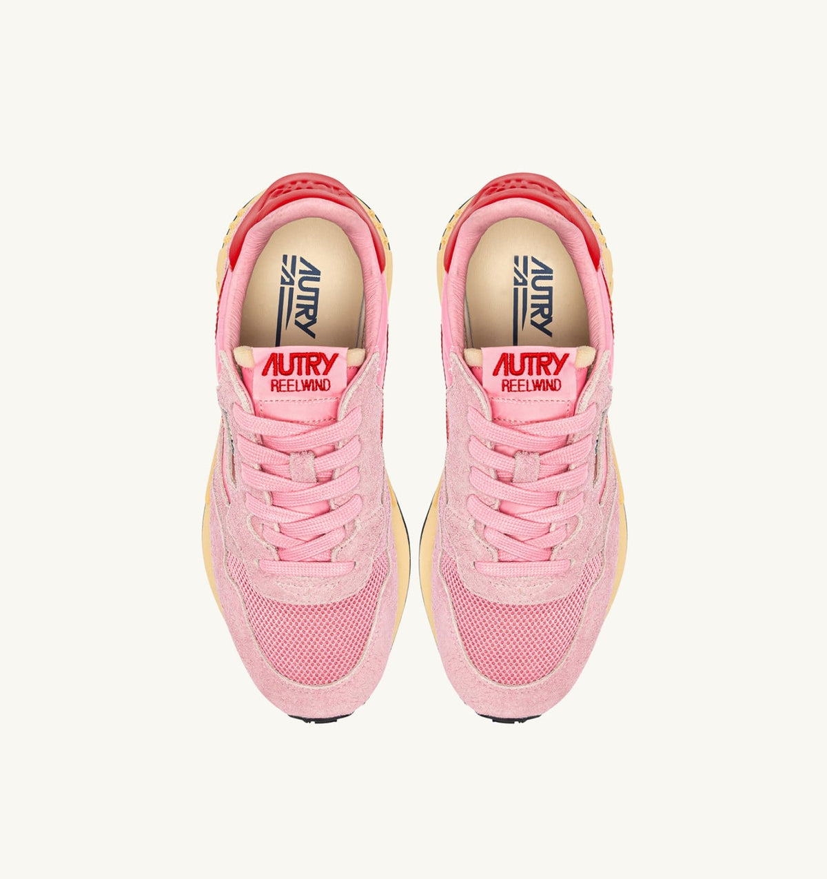 AUTRY REELWIND LOW SNEAKERS IN PINK CHERUB AND FLAME SCARLET NYLON AND SUEDE
