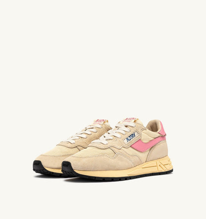 AUTRY REELWIND LOW SNEAKERS IN ECRU AND GERANIUM PINK NYLON AND SUEDE