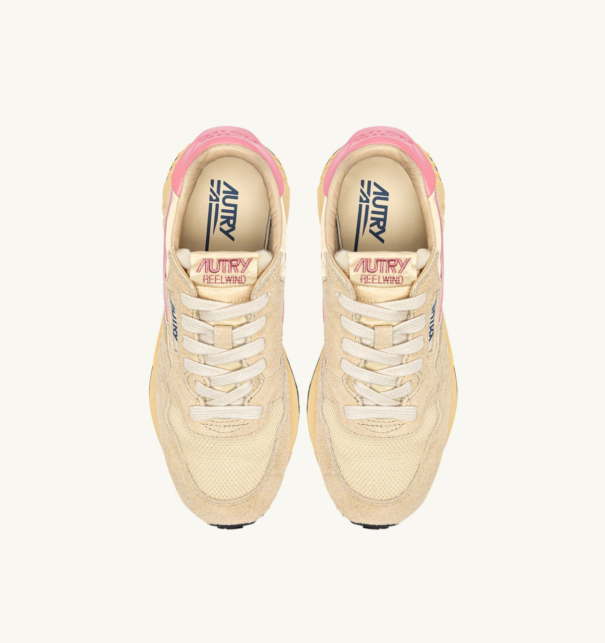 AUTRY REELWIND LOW SNEAKERS IN ECRU AND GERANIUM PINK NYLON AND SUEDE