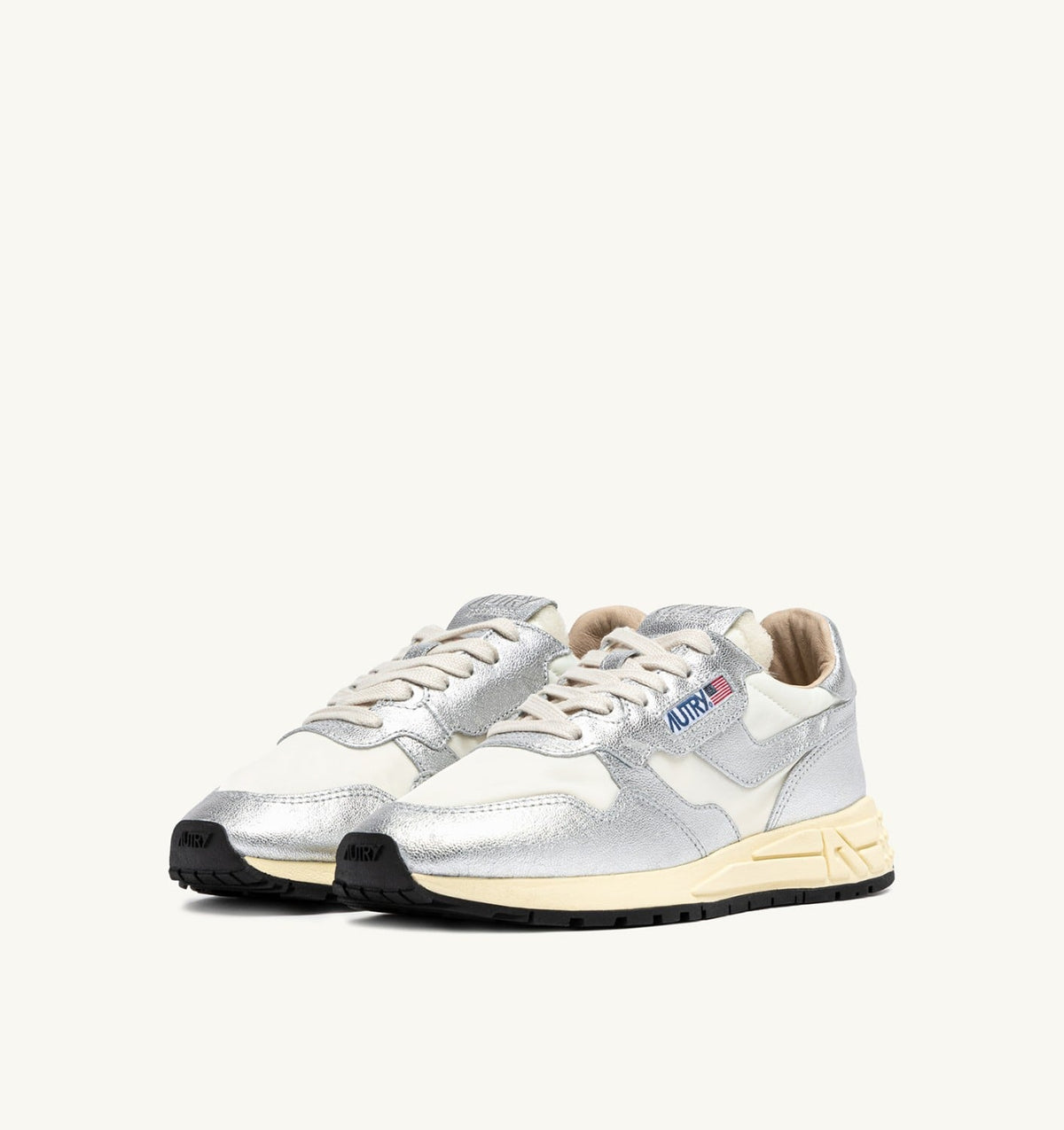 AUTRY REELWIND SNEAKERS IN SILVER-TONE NYLON AND METALIZED LEATHER