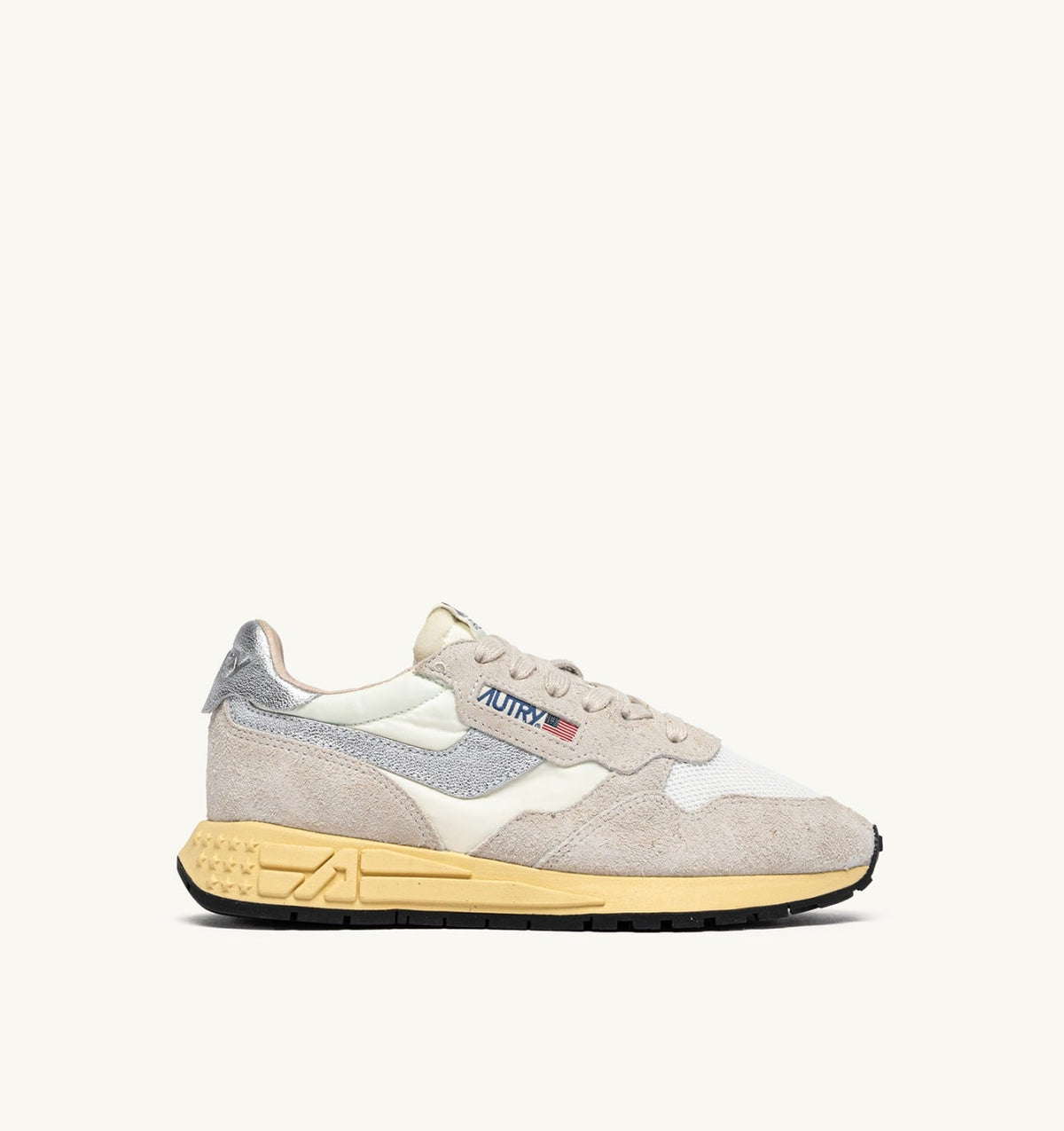 AUTRY REELWIND SNEAKERS IN WHITE AND SILVER NYLON AND SUEDE