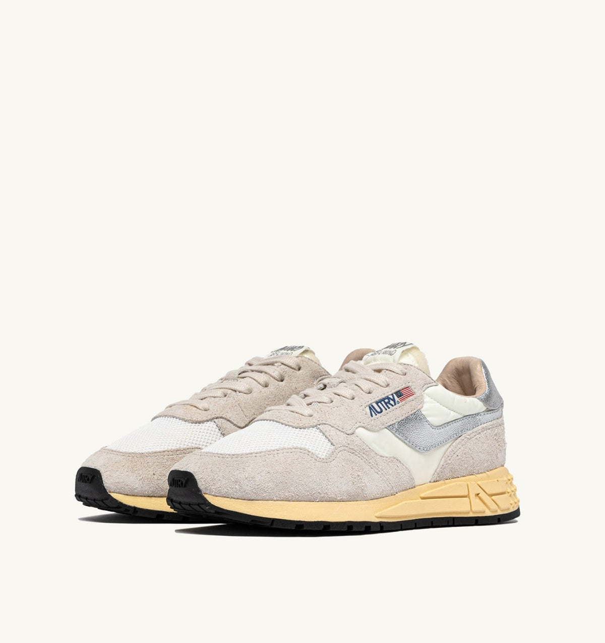 AUTRY REELWIND SNEAKERS IN WHITE AND SILVER NYLON AND SUEDE