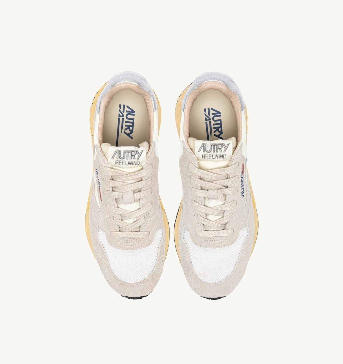 AUTRY REELWIND SNEAKERS IN WHITE AND SILVER NYLON AND SUEDE