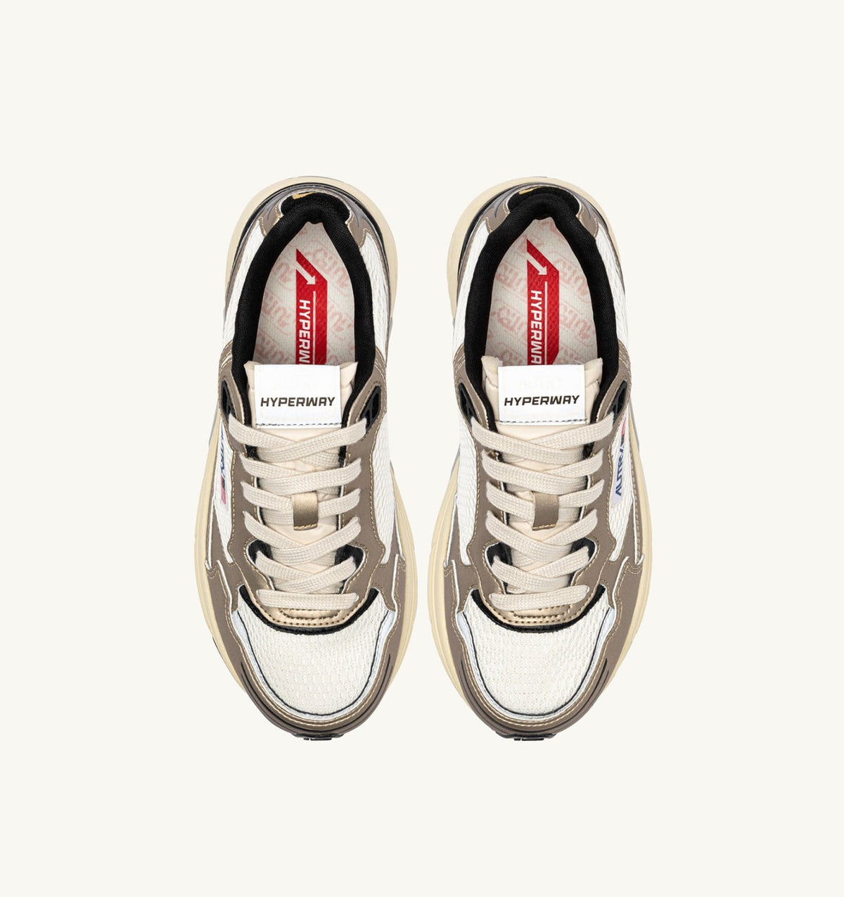 AUTRY HYPERWAY SNEAKERS IN WHISPER WHITE, PLATINUM AND BLACK SYNTHETIC LEATHER AND MESH