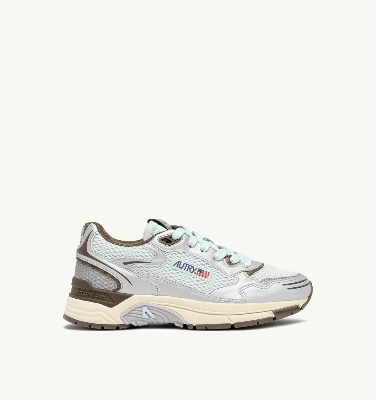 AUTRY HYPERWAY SNEAKERS IN SILVER, SPA BLUE AND CHOCOLATE CHIP SYNTHETIC LEATHER AND MESH