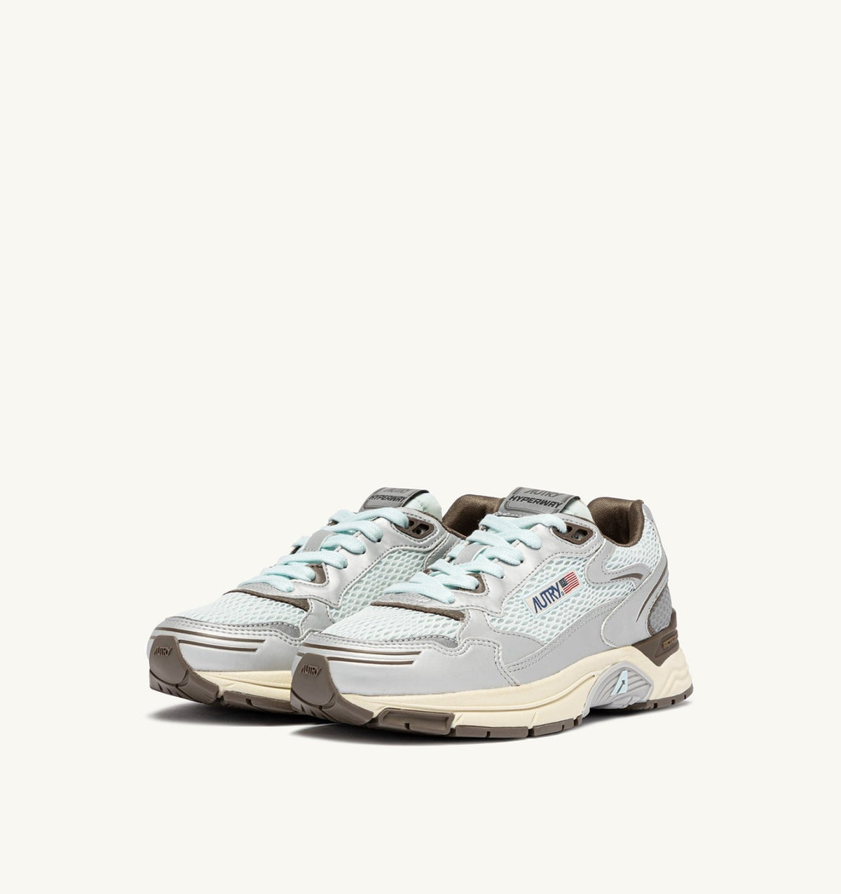AUTRY HYPERWAY SNEAKERS IN SILVER, SPA BLUE AND CHOCOLATE CHIP SYNTHETIC LEATHER AND MESH