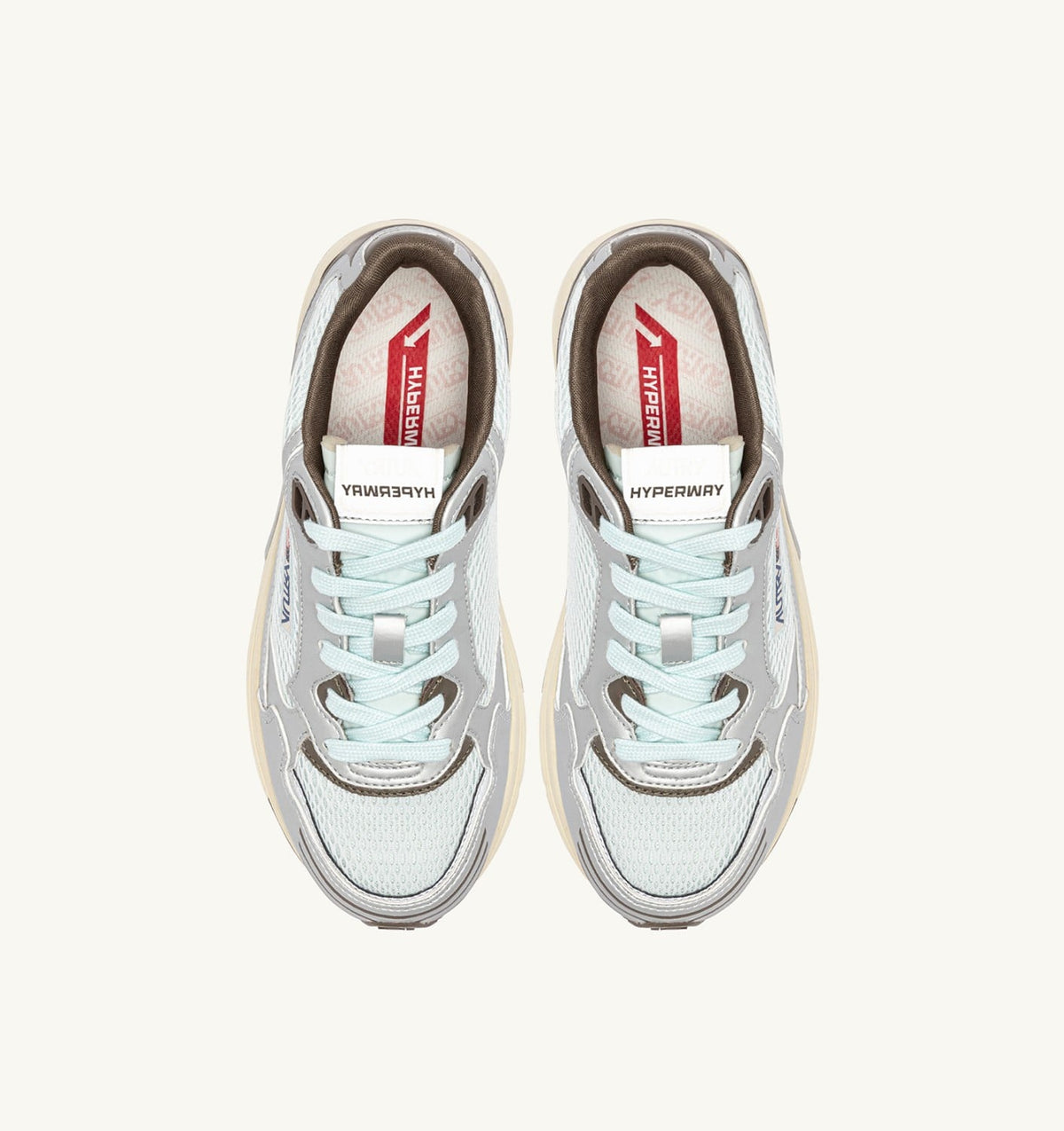AUTRY HYPERWAY SNEAKERS IN SILVER, SPA BLUE AND CHOCOLATE CHIP SYNTHETIC LEATHER AND MESH