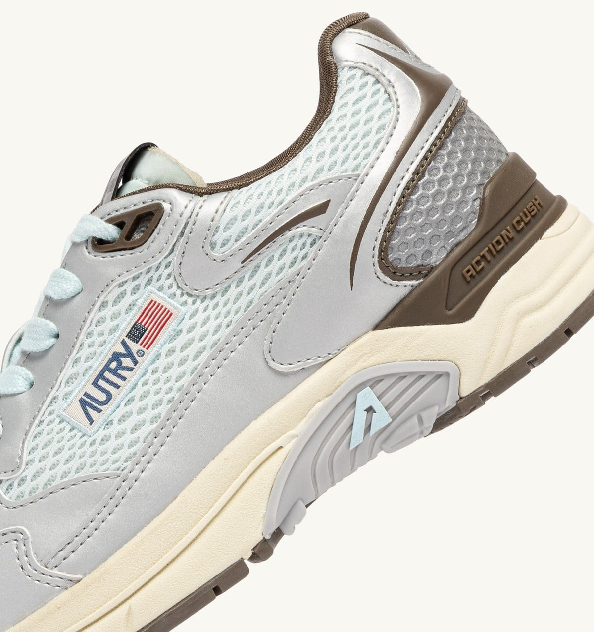 AUTRY HYPERWAY SNEAKERS IN SILVER, SPA BLUE AND CHOCOLATE CHIP SYNTHETIC LEATHER AND MESH