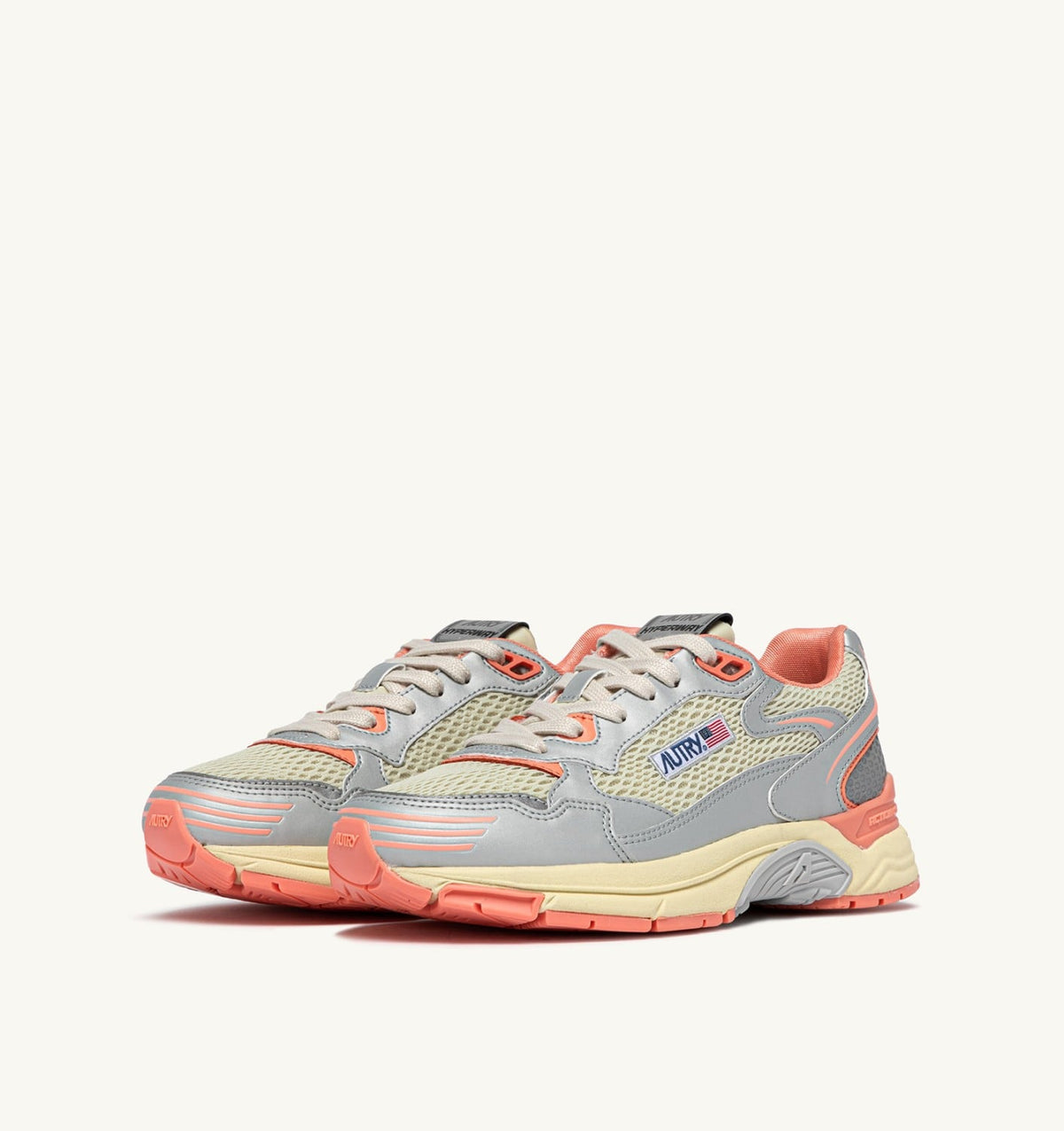 AUTRY HYPERWAY SNEAKERS IN SILVER ASPARAGUS AND PEACH PINK SYNTHETIC LEATHER AND MESH