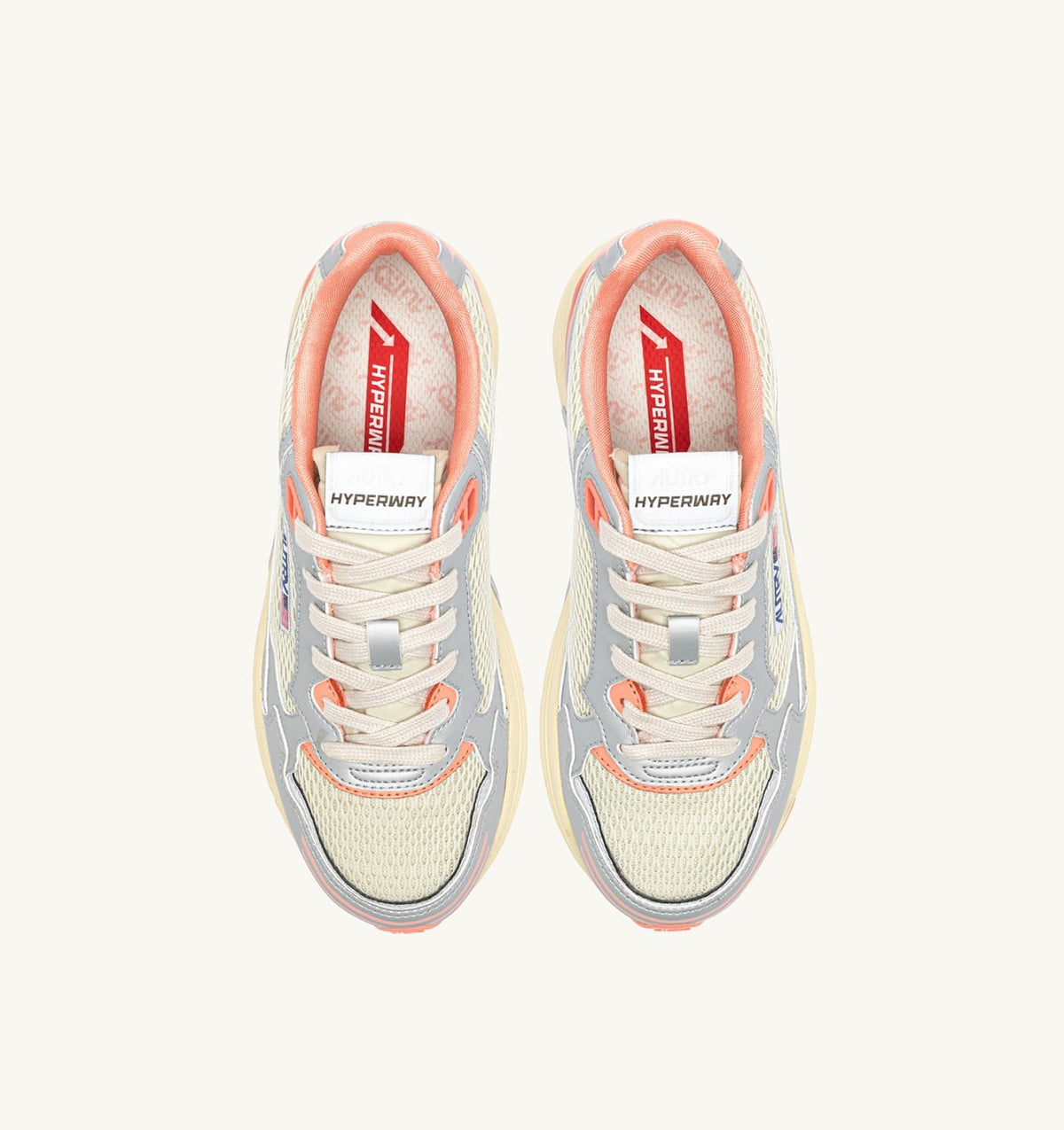 AUTRY HYPERWAY SNEAKERS IN SILVER ASPARAGUS AND PEACH PINK SYNTHETIC LEATHER AND MESH
