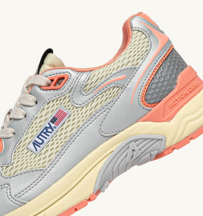 AUTRY HYPERWAY SNEAKERS IN SILVER ASPARAGUS AND PEACH PINK SYNTHETIC LEATHER AND MESH