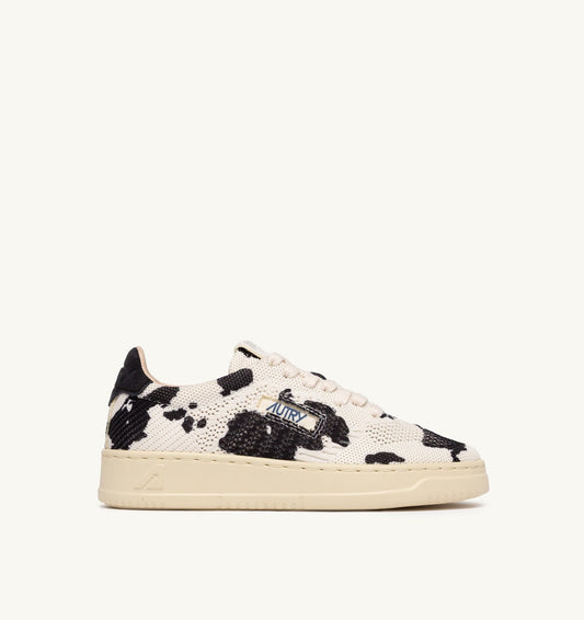 AUTRY MEDALIST EASEKNIT LOW SNEAKERS IN 'COW PRINT' IVORY WHITE AND BLACK KNIT