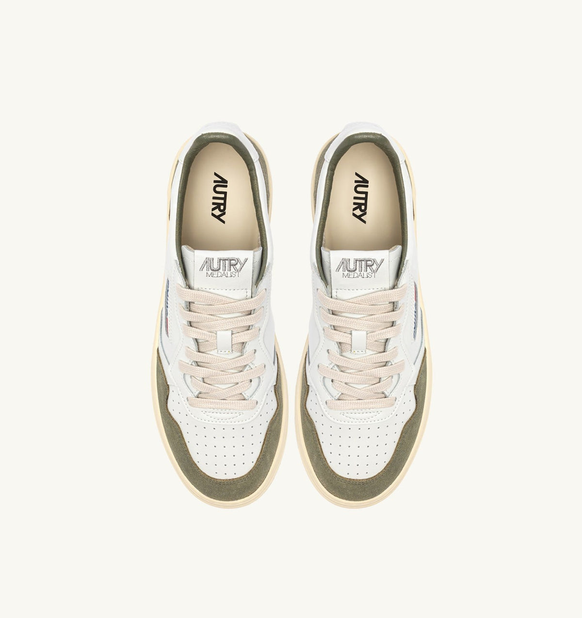 AUTRY MEDALIST LOW SNEAKERS IN WHITE LEATHER AND SMOKED GREEN SUEDE