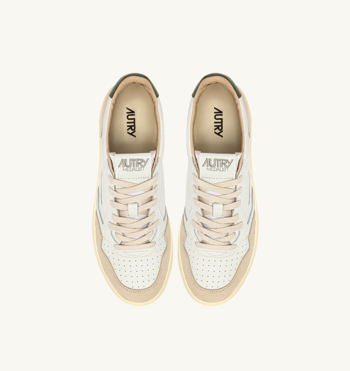 AUTRY MEDALIST LOW SNEAKERS IN WHITE LEATHER AND BRONZE GREEN SUEDE