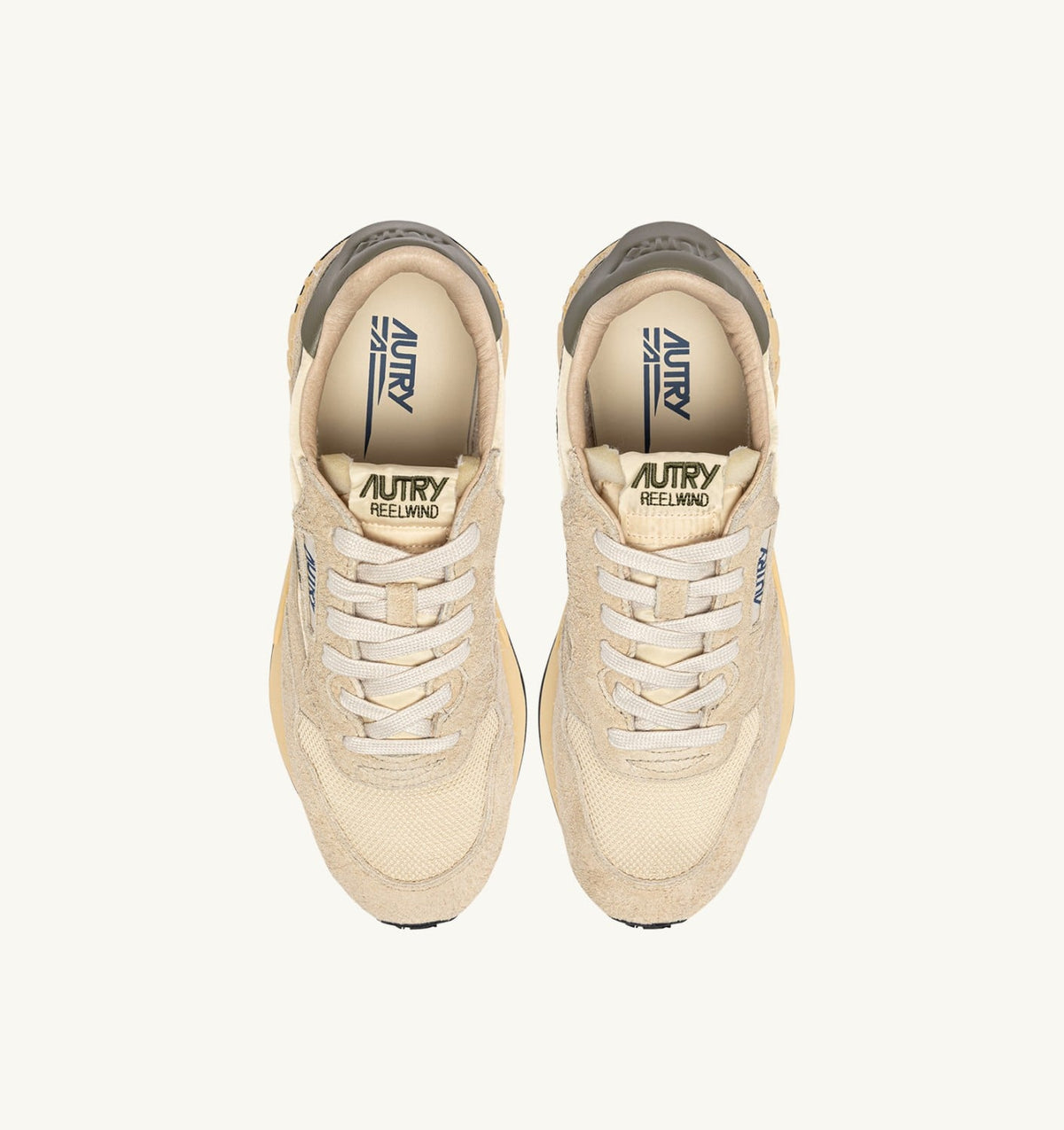 AUTRY REELWIND LOW SNEAKERS IN ECRU AND COVERT GREEN NYLON AND SUEDE