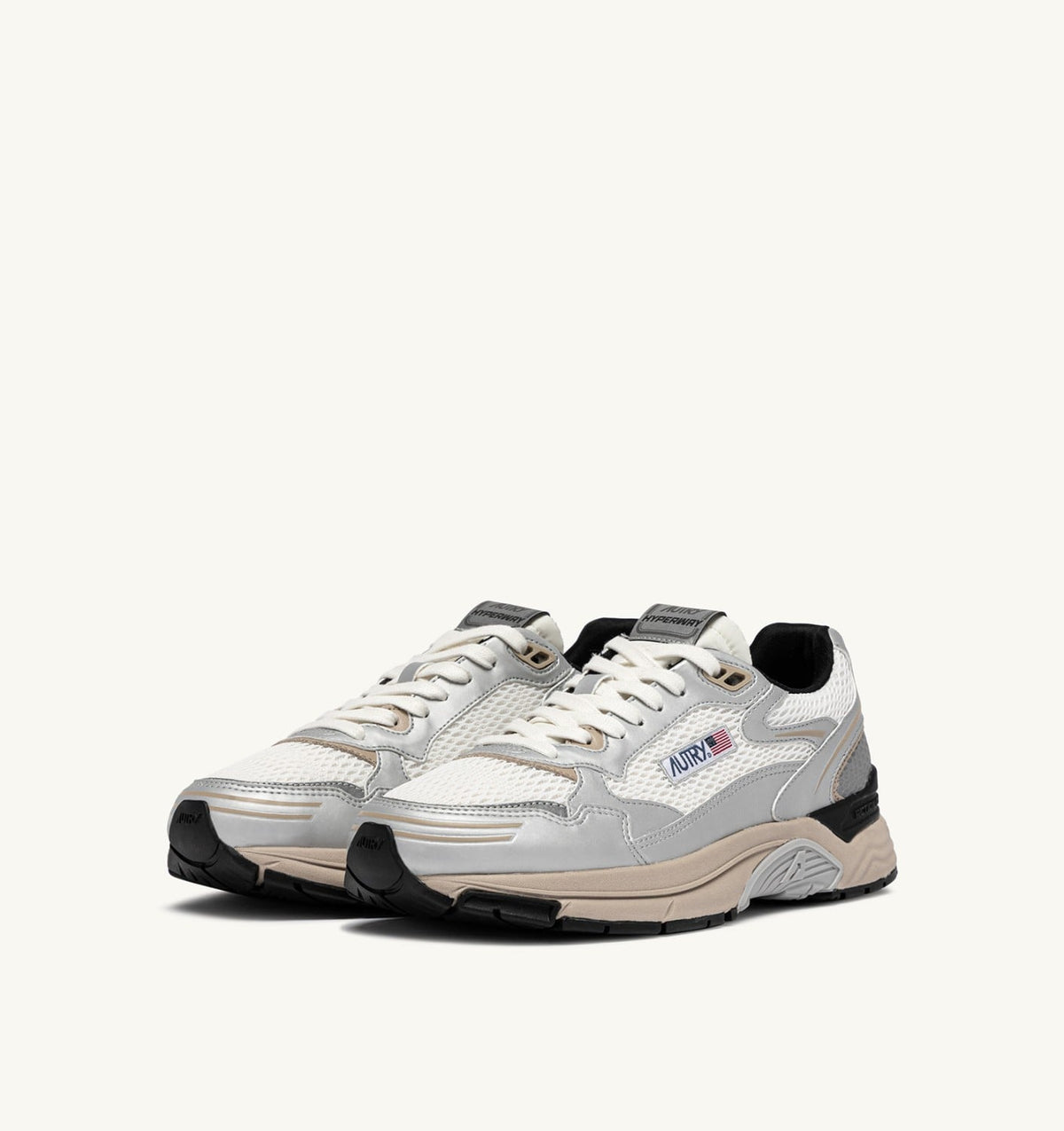 AUTRY HYPERWAY SNEAKERS IN SILVER, WHITE AND IRISH CREAM SYNTHETIC LEATHER AND MESH