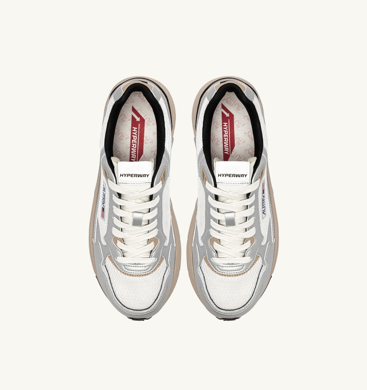 AUTRY HYPERWAY SNEAKERS IN SILVER, WHITE AND IRISH CREAM SYNTHETIC LEATHER AND MESH