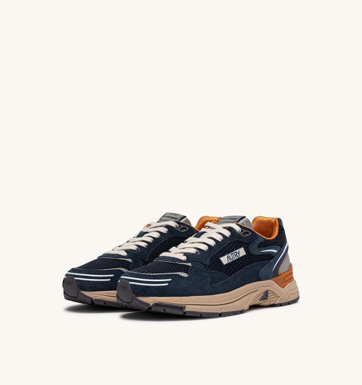 AUTRY HYPERWAY SNEAKERS IN MIDNIGHT AND TOMATO CREAM SUEDE AND MESH