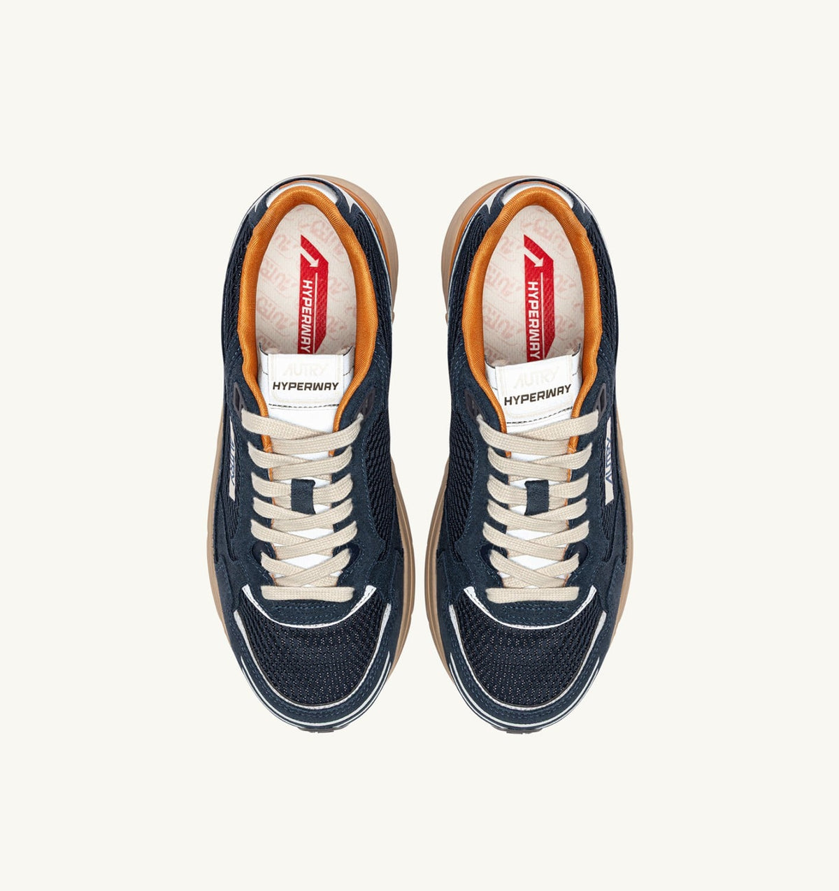 AUTRY HYPERWAY SNEAKERS IN MIDNIGHT AND TOMATO CREAM SUEDE AND MESH