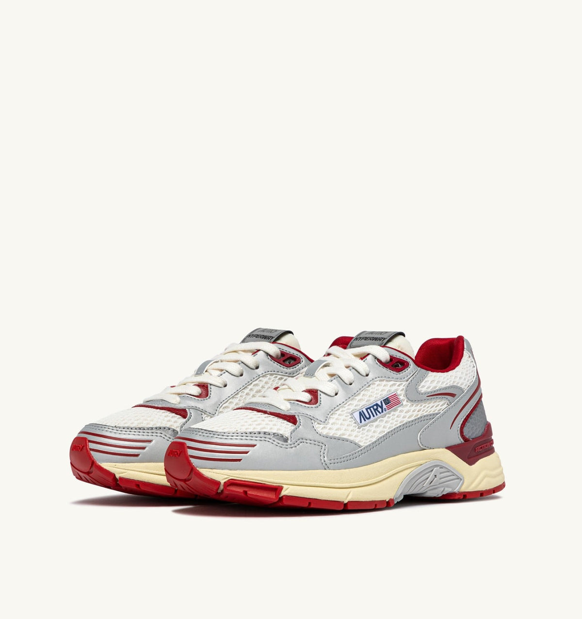 AUTRY HYPERWAY SNEAKERS IN WHITE SILVER AND RED SYNTHETIC LEATHER AND MESH