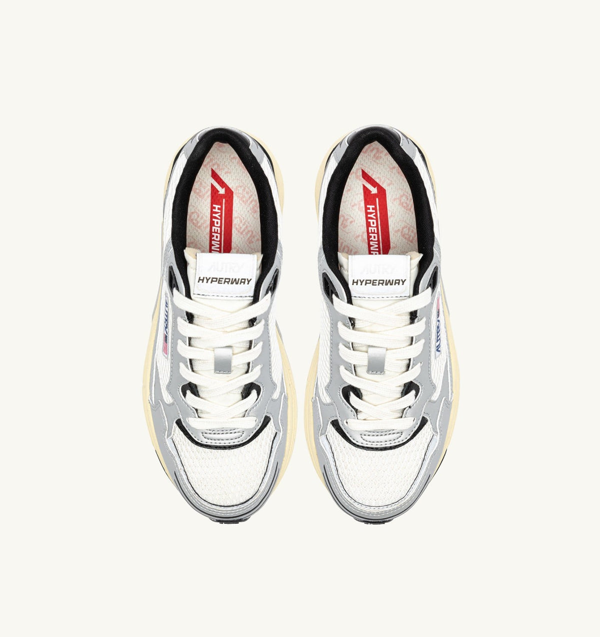 AUTRY HYPERWAY SNEAKERS IN WHITE SILVER AND BLACK SYNTHETIC LEATHER AND MESH