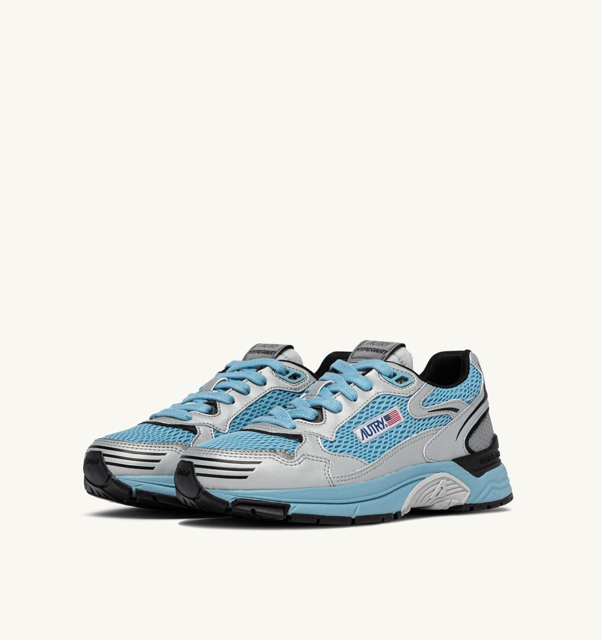 AUTRY HYPERWAY SNEAKERS IN SILVER BLACK AND FORGET ME NOT SYNTHETIC LEATHER AND MESH