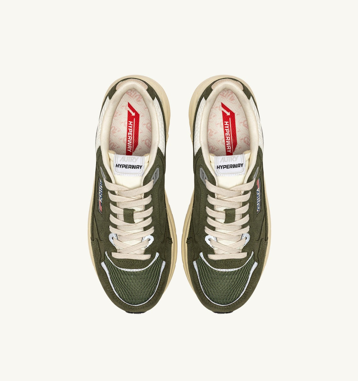 AUTRY HYPERWAY SNEAKERS IN MARSHMALLOW AND SAGE SUEDE AND MESH