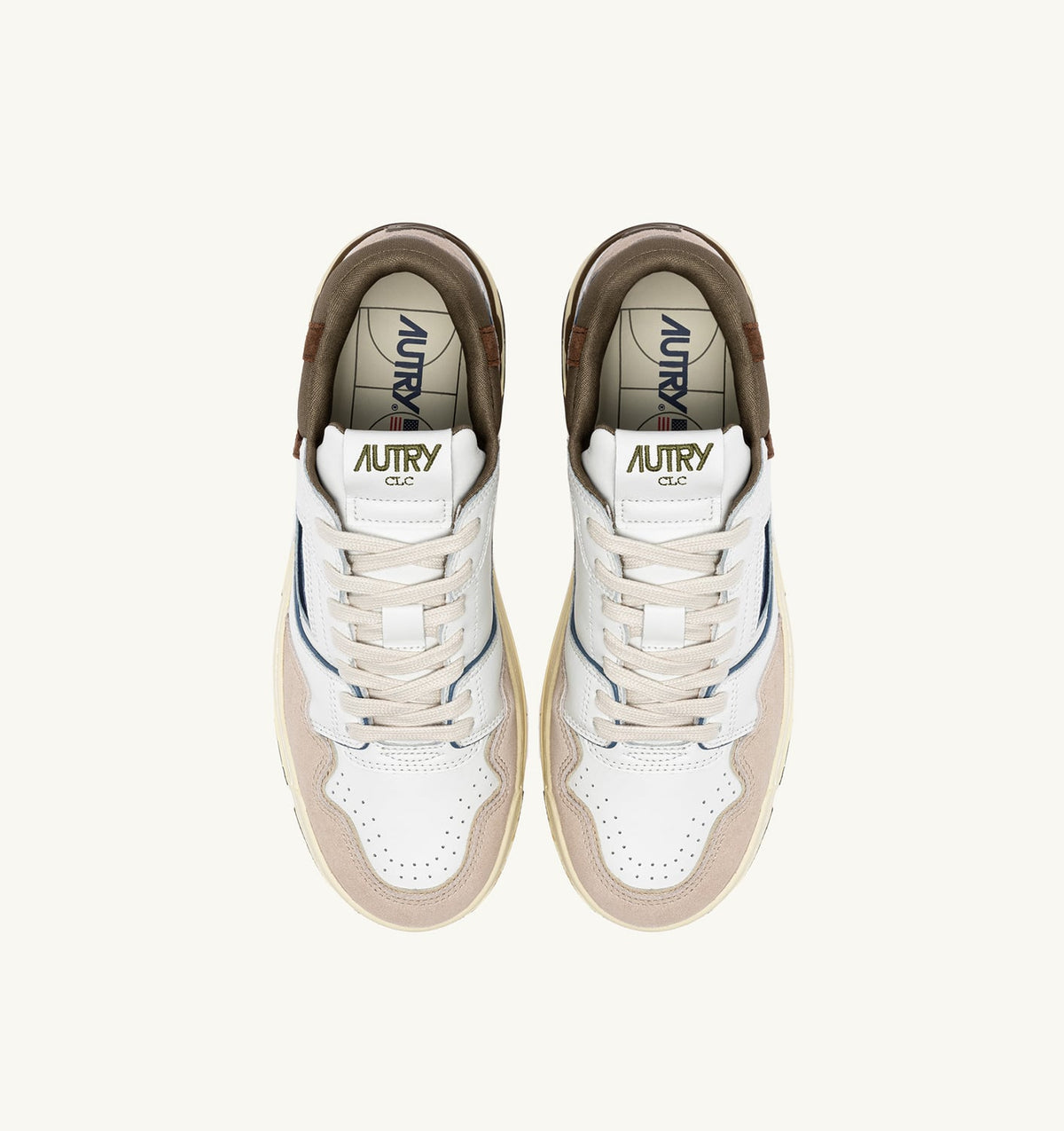 AUTRY CLC LOW SNEAKERS IN WHITE AND COVERT GREEN LEATHER SUEDE