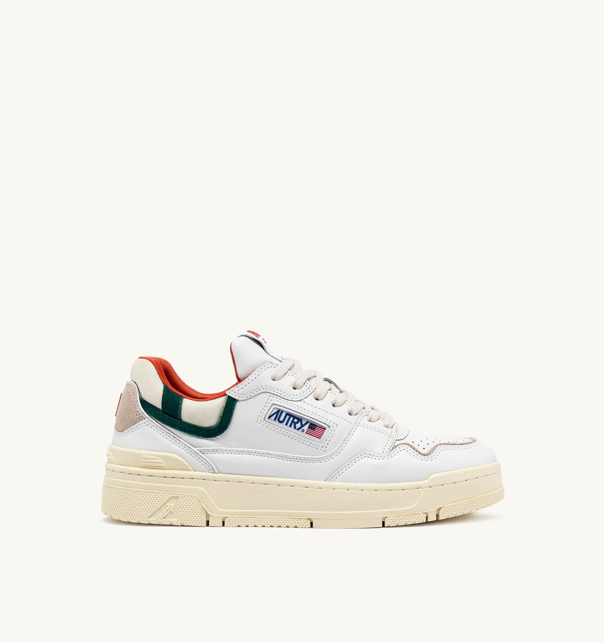 AUTRY CLC LOW SNEAKERS IN WHITE LEATHER AND FOREST SUEDE