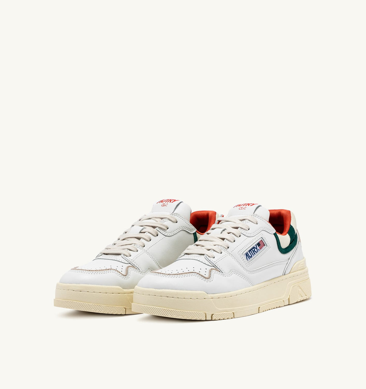 AUTRY CLC LOW SNEAKERS IN WHITE LEATHER AND FOREST SUEDE
