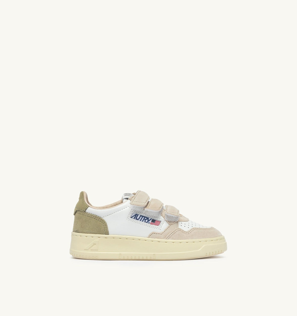 AUTRY MEDALIST KIDSTRIPES SNEAKERS IN WHITE LEATHER AND GREEN AND SAND SUEDE
