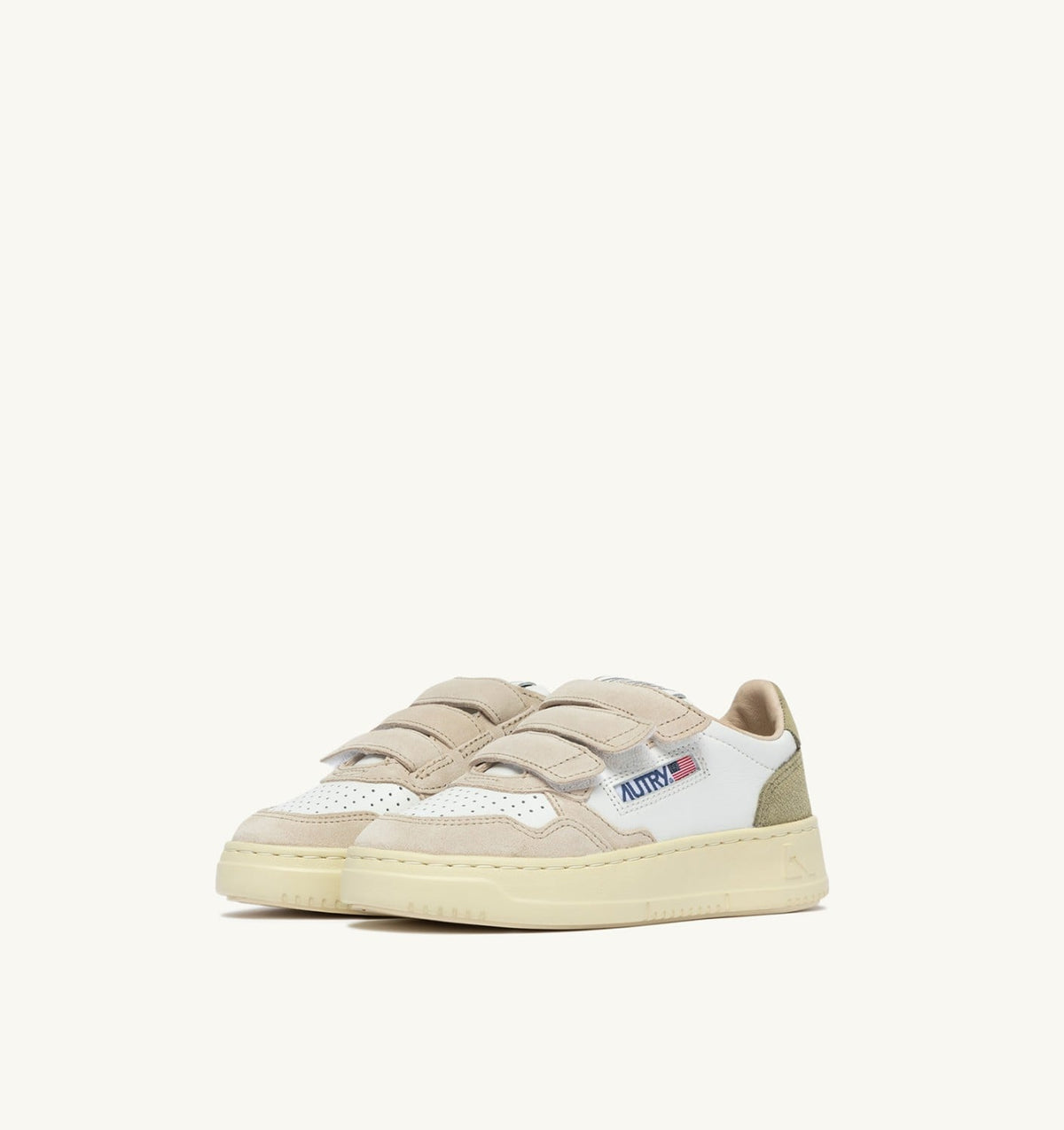 AUTRY MEDALIST KIDSTRIPES SNEAKERS IN WHITE LEATHER AND GREEN AND SAND SUEDE