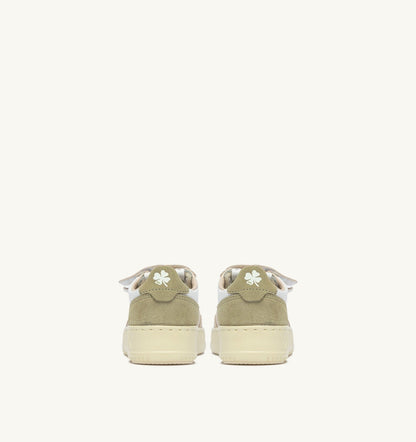 AUTRY MEDALIST KIDSTRIPES SNEAKERS IN WHITE LEATHER AND GREEN AND SAND SUEDE