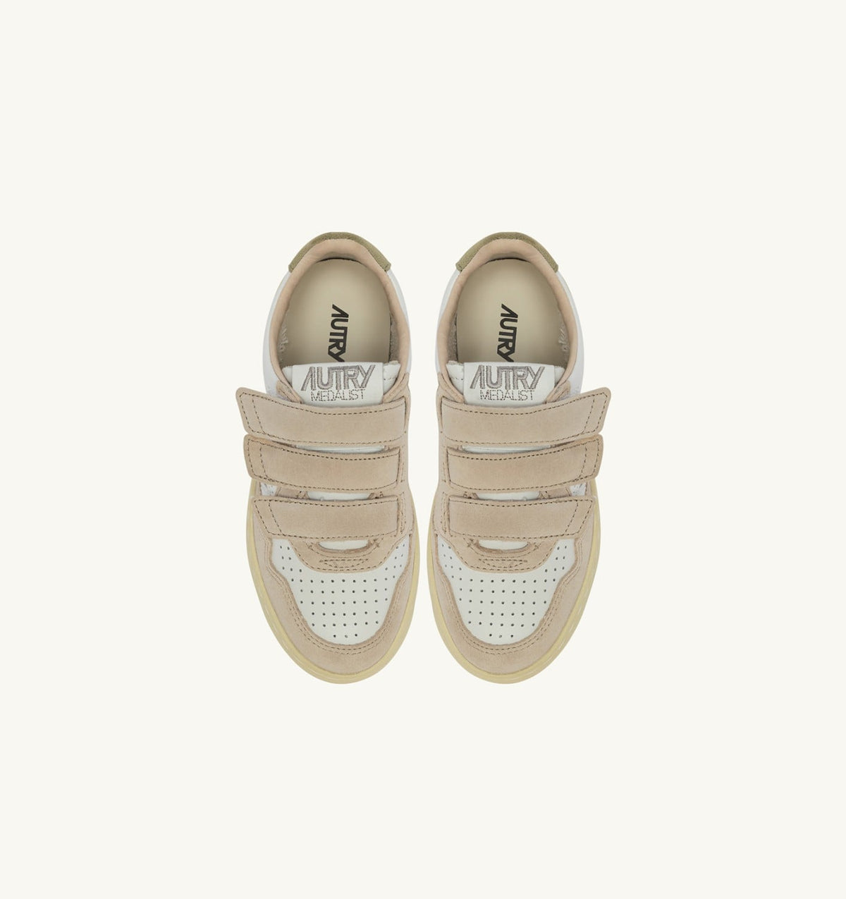 AUTRY MEDALIST KIDSTRIPES SNEAKERS IN WHITE LEATHER AND GREEN AND SAND SUEDE