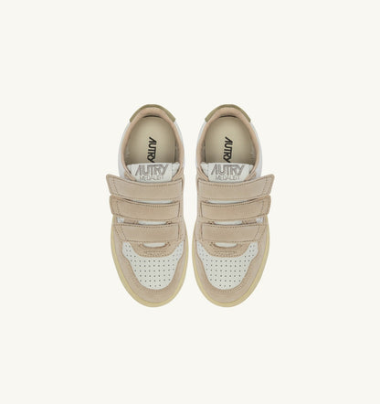 AUTRY MEDALIST KIDSTRIPES SNEAKERS IN WHITE LEATHER AND GREEN AND SAND SUEDE
