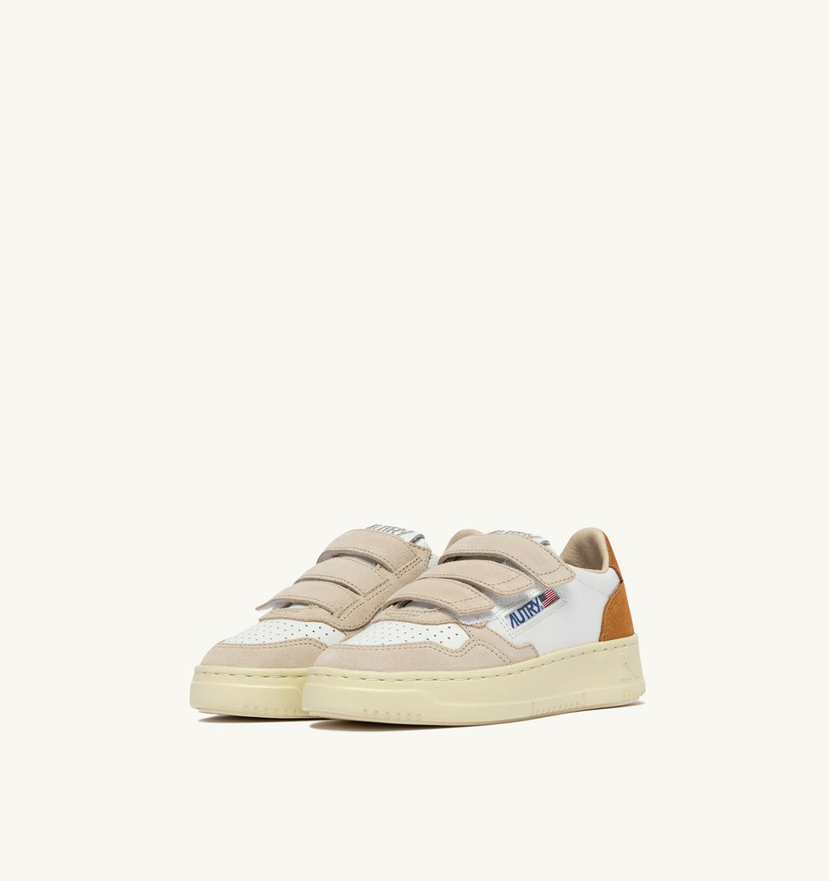 AUTRY MEDALIST KIDSTRIPES SNEAKERS IN WHITE LEATHER AND BROWN MUSCAT AND SAND SUEDE