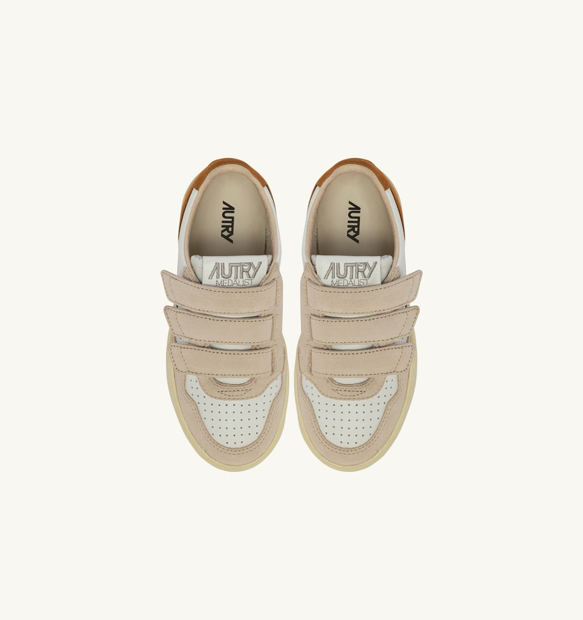 AUTRY MEDALIST KIDSTRIPES SNEAKERS IN WHITE LEATHER AND BROWN MUSCAT AND SAND SUEDE