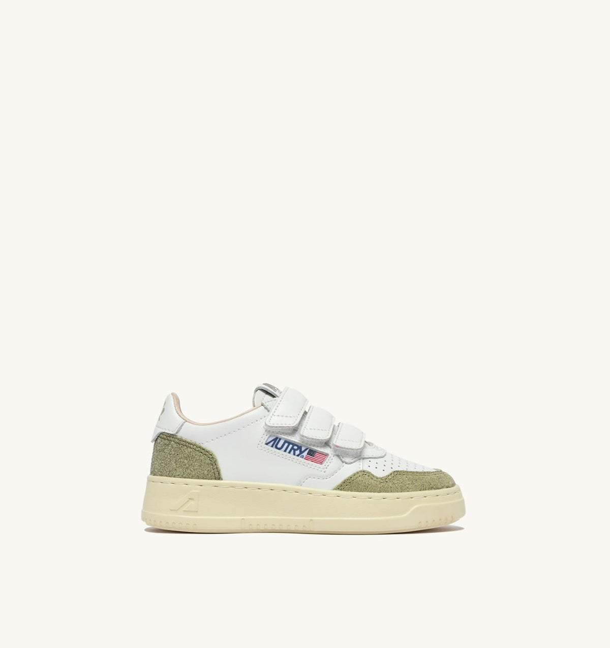AUTRY MEDALIST KIDSTRIPES SNEAKERS IN WHITE LEATHER AND GLITTER SAGE LEATHER