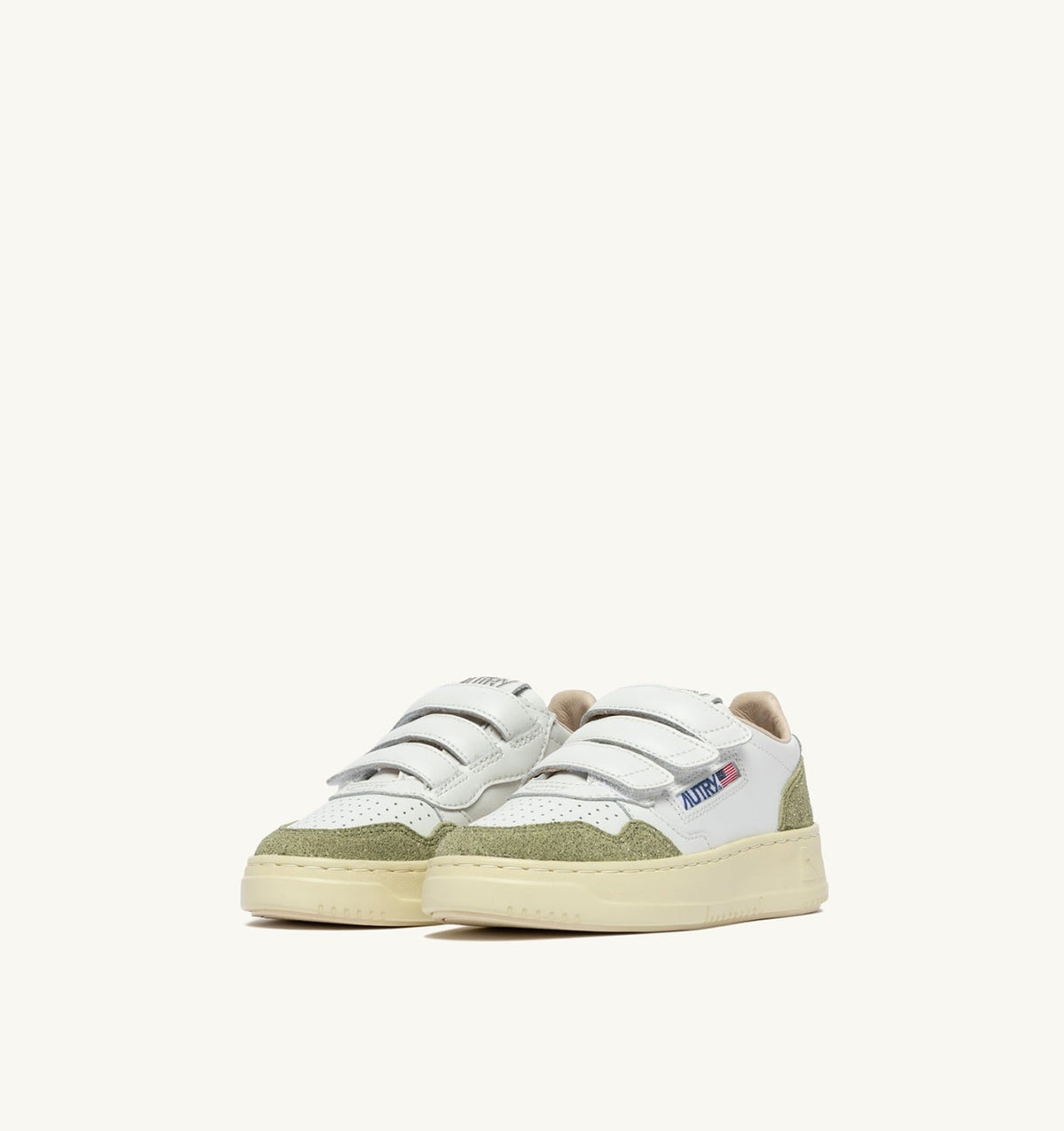 AUTRY MEDALIST KIDSTRIPES SNEAKERS IN WHITE LEATHER AND GLITTER SAGE LEATHER