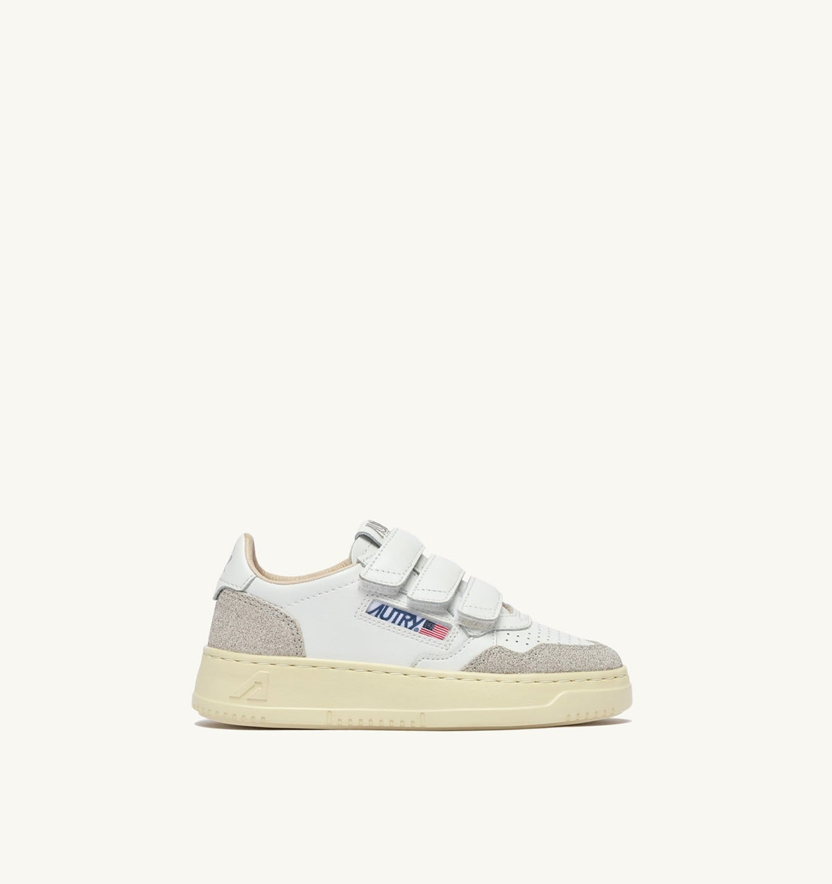 AUTRY MEDALIST KIDSTRIPES SNEAKERS IN WHITE LEATHER AND GLITTER GRAY LEATHER