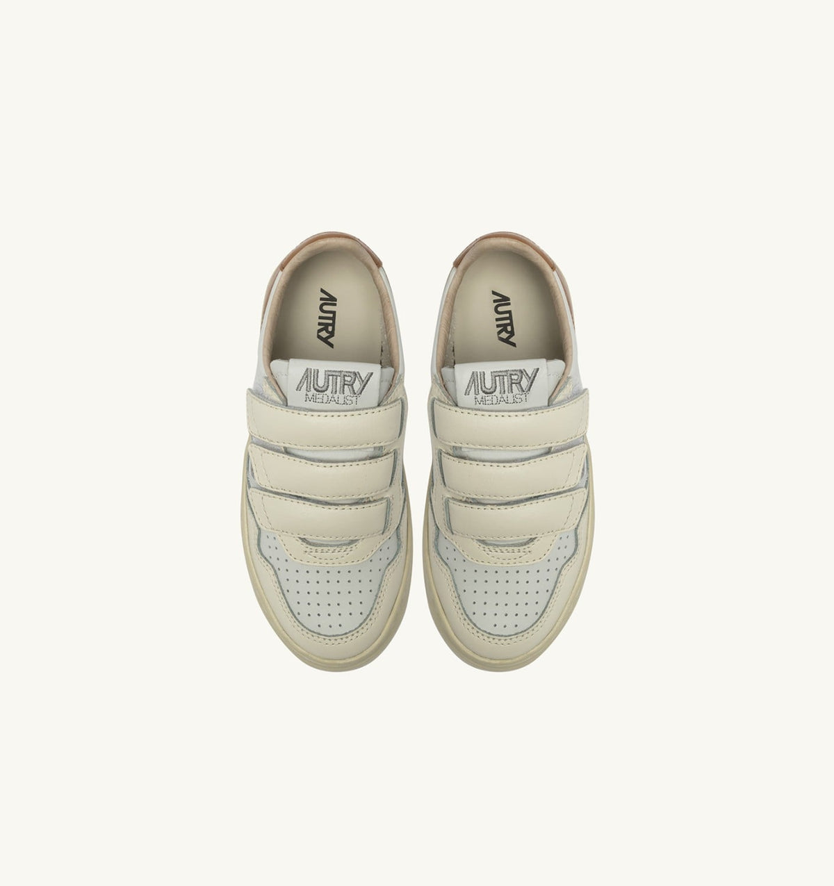 AUTRY MEDALIST LOW KIDSTRIPES SNEAKERS IN LEATHER COLOR WHISPER WHITE IVORY WHITE AND BROWN SUGAR