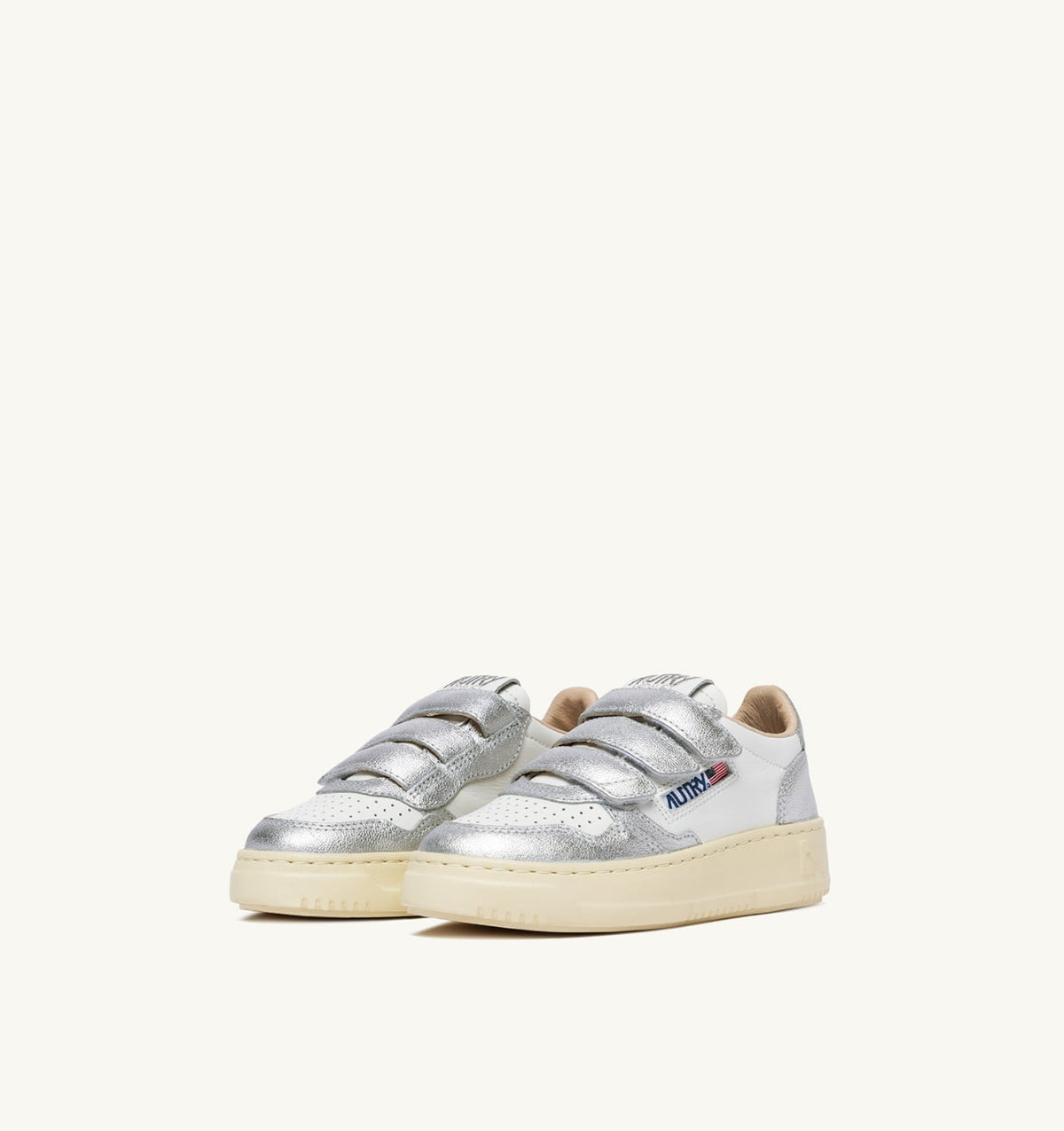 AUTRY MEDALIST KIDSTRIPES LOW BICOLOR SNEAKERS IN WHITE AND SILVER LEATHER
