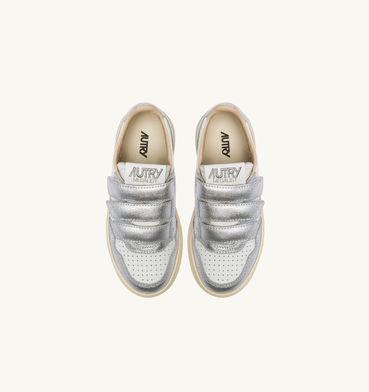 AUTRY MEDALIST KIDSTRIPES LOW BICOLOR SNEAKERS IN WHITE AND SILVER LEATHER