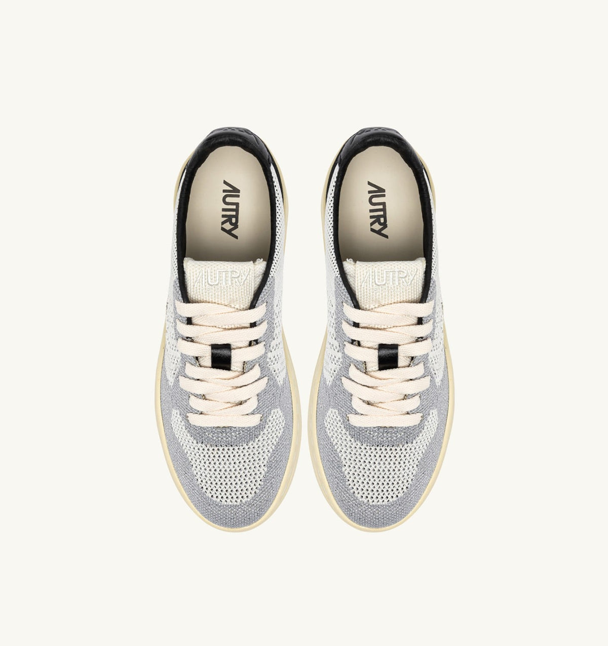 AUTRY MEDALIST EASEKNIT LOW SNEAKERS IN IVORY WHITE BLACK AND SILVER KNIT