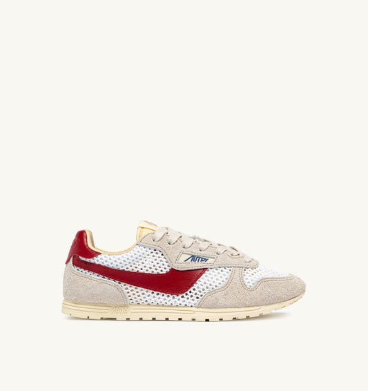 AUTRY WINDSPIN SNEAKERS IN WHITE SAND AND RED MESH AND LEATHER